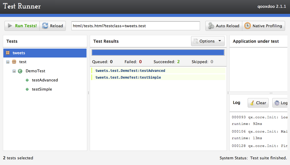 Testrunner displaying the results of tweets.DemoTest